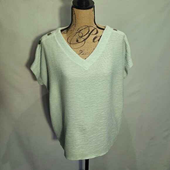 Jones New York Mint Green Textured Ribbed Shirt V-Neck Large - Picture 1 of 5